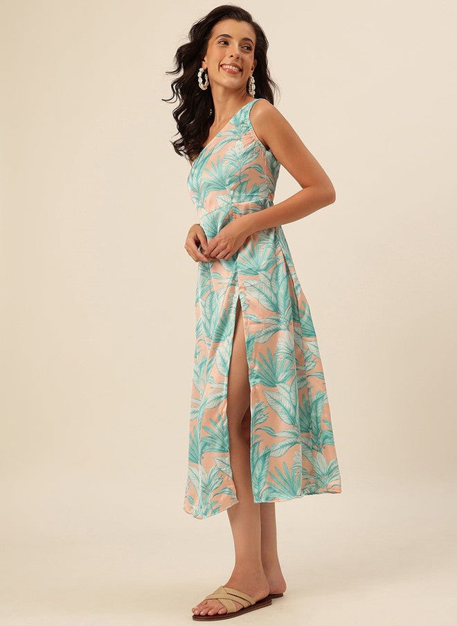 CUKOO Women Tropical Printed One Shoulder Slits Cotton Fit and Flare Dress - Image 3
